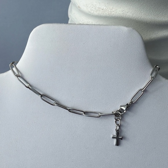 Hand Crafted Jewelry - Stainless Steel Paperclip Anklet with Cross